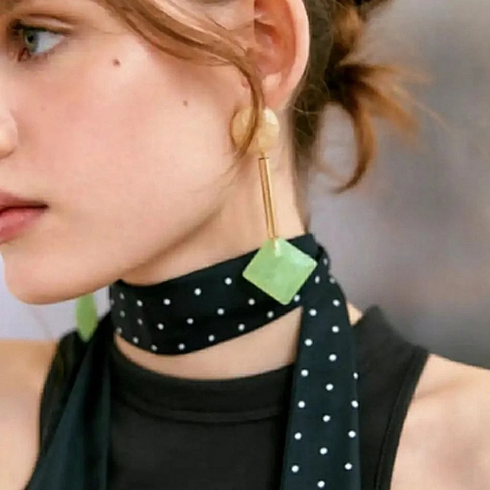 Zara Geometric Drop Dangle Earrings Pearlescent Cream Gold Green Post Back NWT